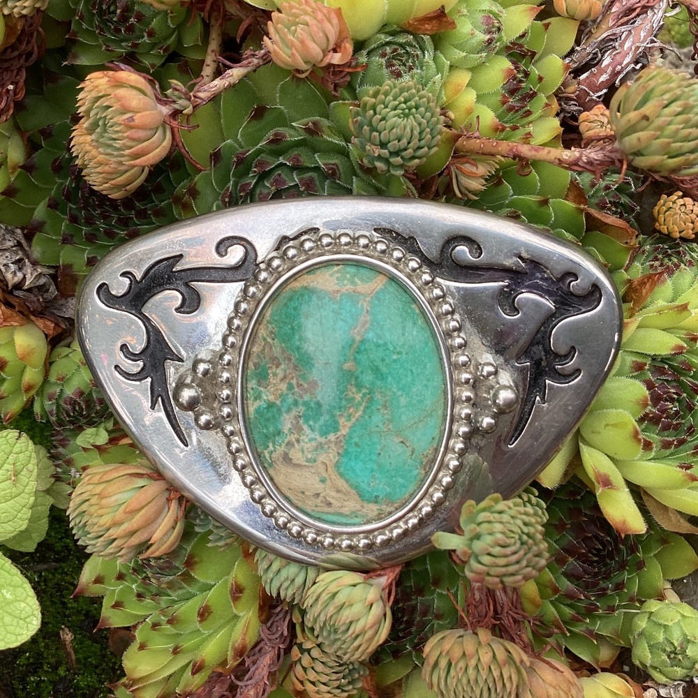 Vintage Unisex Western Boho Large Green Turquoise Stone Etched Metal Belt Buckle